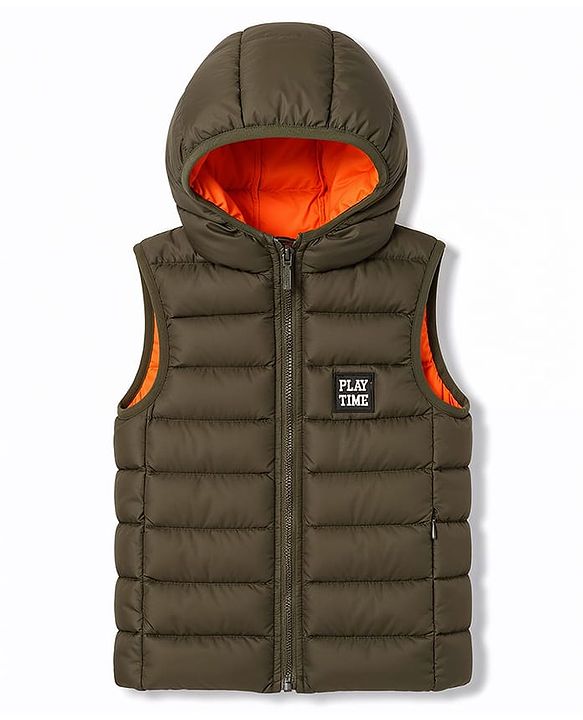 Babyhug Woven Sleeveless Solid Colour Padded Hooded Jacket - Olive