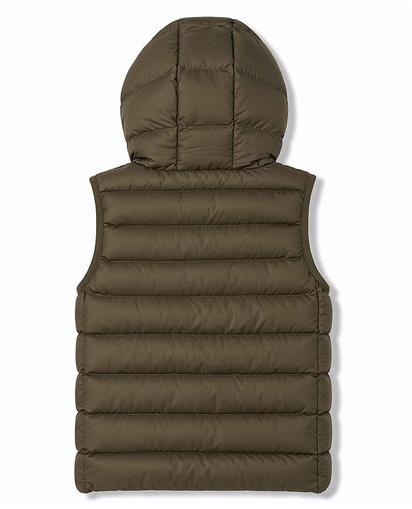 Babyhug Woven Sleeveless Solid Colour Padded Hooded Jacket - Olive