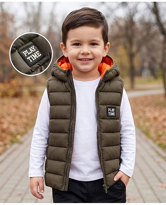 Babyhug Woven Sleeveless Solid Colour Padded Hooded Jacket - Olive