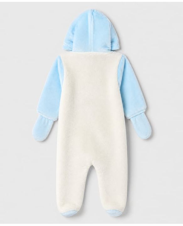 Babyhug Fur Woven Full Sleeves Hooded Footed Winter Wear Rompers With Applique - Light Blue
