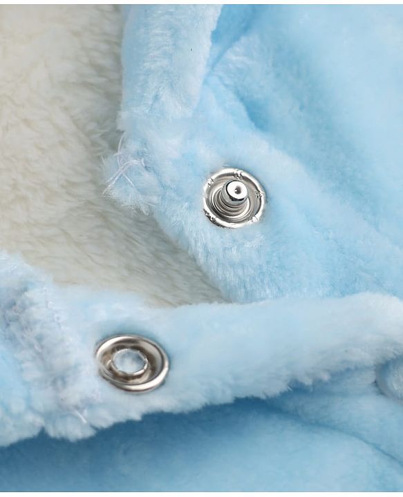 Babyhug Fur Woven Full Sleeves Hooded Footed Winter Wear Rompers With Applique - Light Blue
