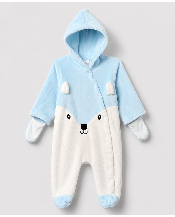 Babyhug Fur Woven Full Sleeves Hooded Footed Winter Wear Rompers With Applique - Light Blue