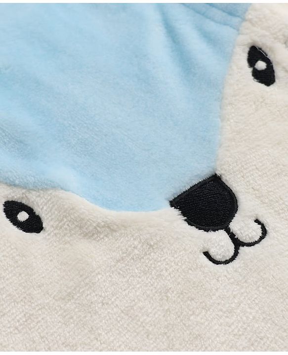 Babyhug Fur Woven Full Sleeves Hooded Footed Winter Wear Rompers With Applique - Light Blue