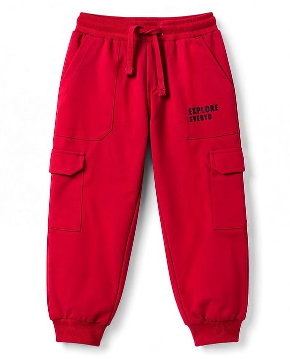 Pine Kids Knit Full Length Lounge Pant With Cargo Pockets & Text Print - Red