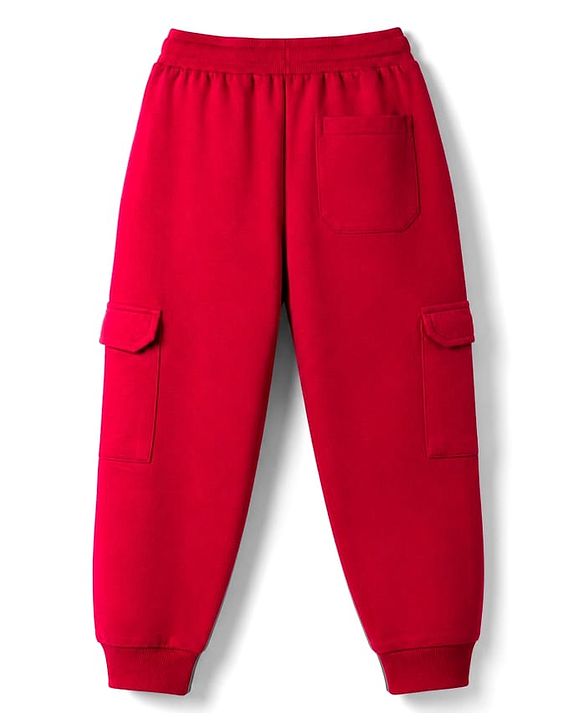 Pine Kids Knit Full Length Lounge Pant With Cargo Pockets & Text Print - Red