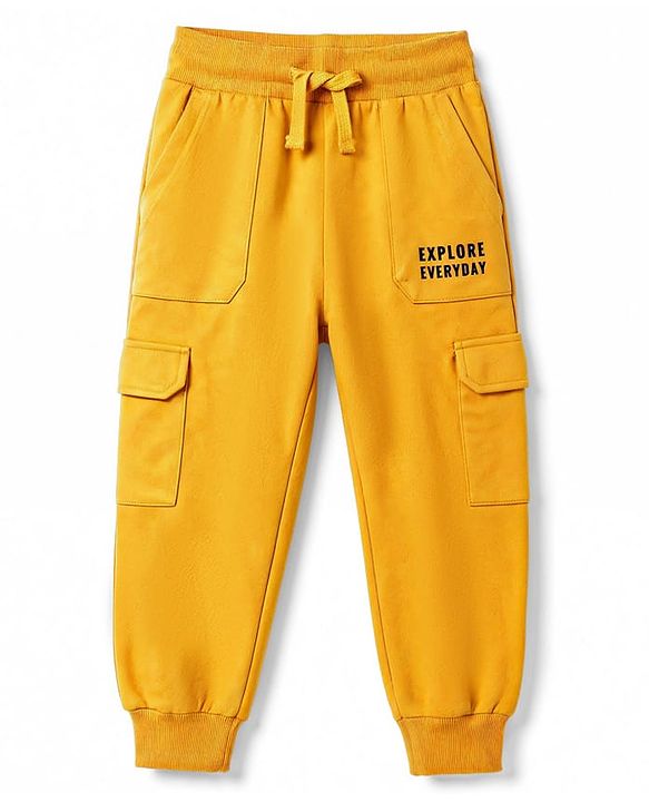 Pine Kids Knit Full Length Lounge Pant With Cargo Pockets & Text Print - Yellow