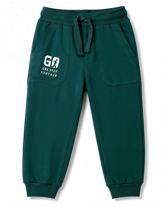 Pine Kids Knit Full Length Lounge Pant With Pockets & Text Print - Dark Green
