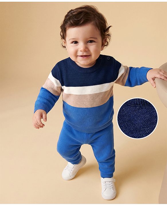 Babyhug Knit Full Sleeves Colour Block Striped Sweater Set - Blue