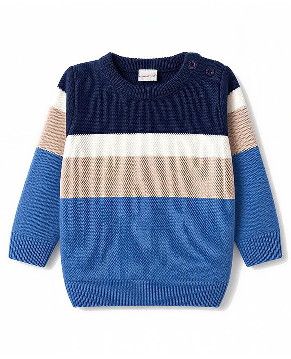Babyhug Knit Full Sleeves Colour Block Striped Sweater Set - Blue