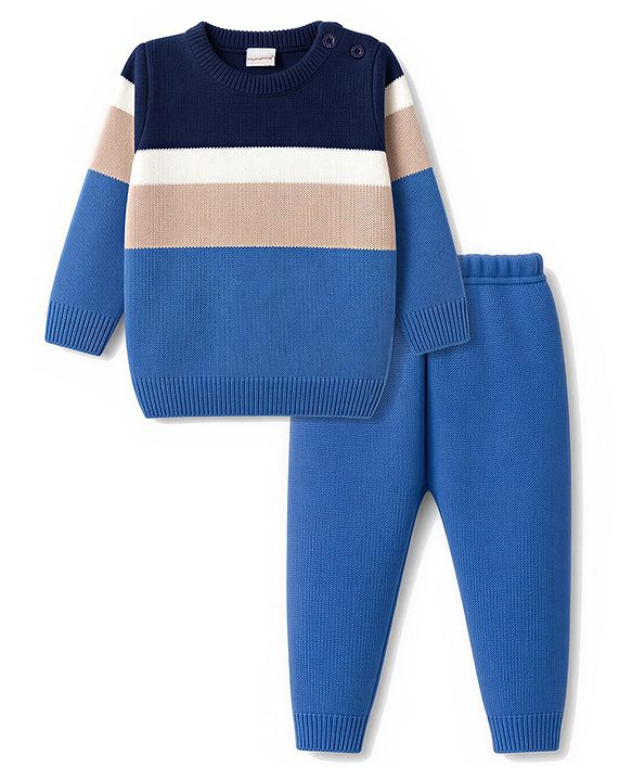 Babyhug Knit Full Sleeves Colour Block Striped Sweater Set - Blue