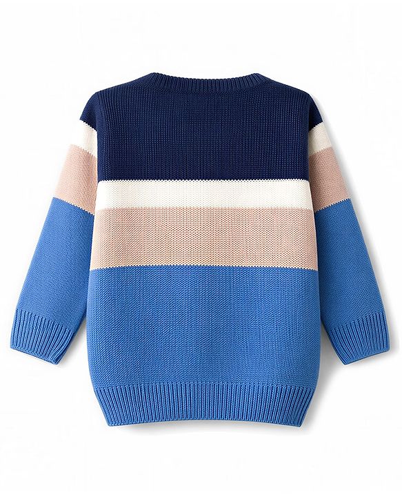 Babyhug Knit Full Sleeves Colour Block Striped Sweater Set - Blue