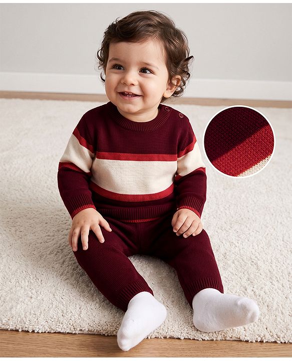 Babyhug Knit Full Sleeves Sweater Set with Colour Block Design - Maroon