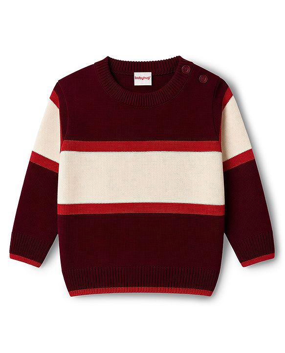 Babyhug Knit Full Sleeves Sweater Set with Colour Block Design - Maroon