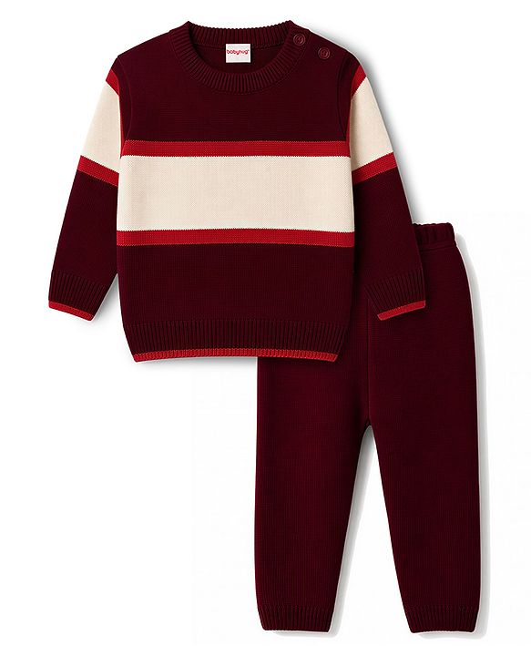 Babyhug Knit Full Sleeves Sweater Set with Colour Block Design - Maroon