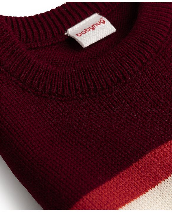 Babyhug Knit Full Sleeves Sweater Set with Colour Block Design - Maroon