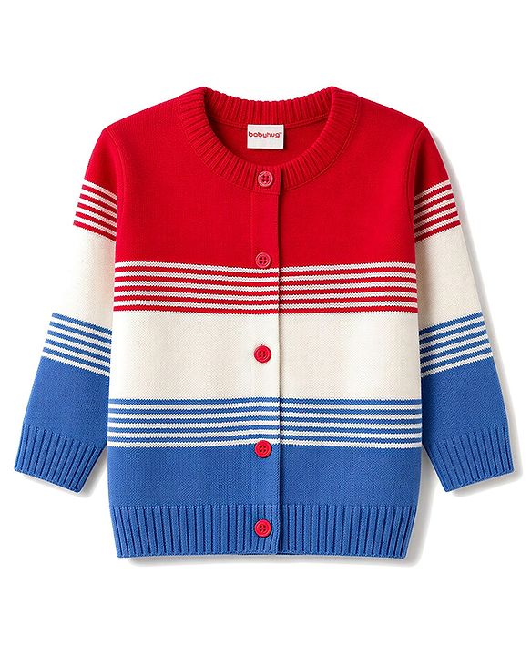 Babyhug Knit Full Sleeves Colour Block Striped Sweater Set -Royal Blue