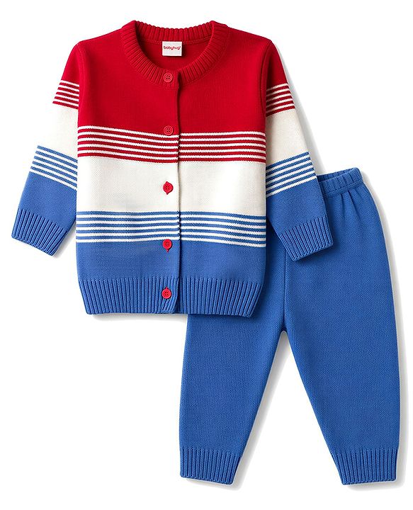 Babyhug Knit Full Sleeves Colour Block Striped Sweater Set -Royal Blue