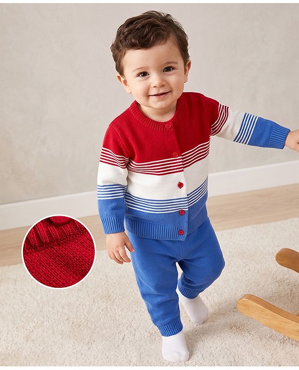 Babyhug Knit Full Sleeves Colour Block Striped Sweater Set -Royal Blue
