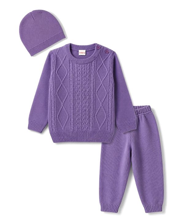 Babyhug Knit Full Sleeves Sweater Set With Cable Knit & Cap - Lavender