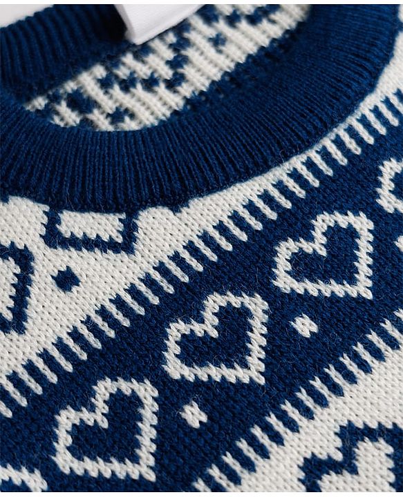 Babyhug Knit Full Sleeves Sweater Set With Hearts Design - Teal Blue