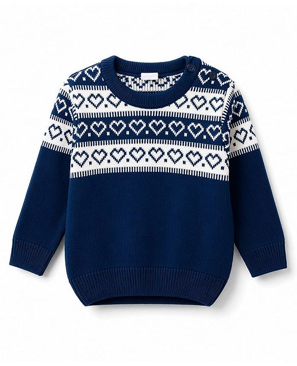 Babyhug Knit Full Sleeves Sweater Set With Hearts Design - Teal Blue