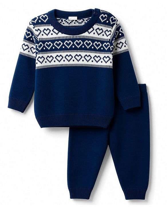 Babyhug Knit Full Sleeves Sweater Set With Hearts Design - Teal Blue