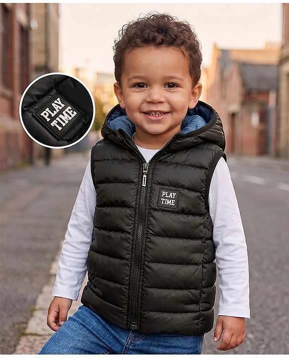 Babyhug Woven Sleeveless Solid Colour Padded Hooded Jacket - Black