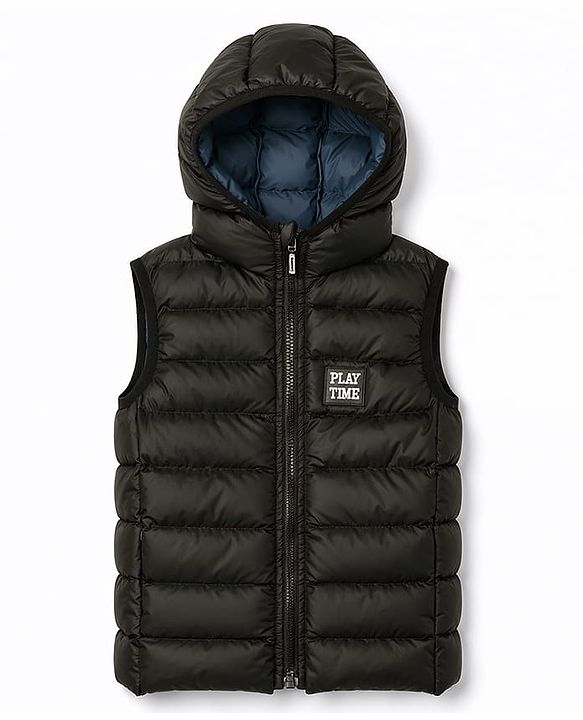 Babyhug Woven Sleeveless Solid Colour Padded Hooded Jacket - Black