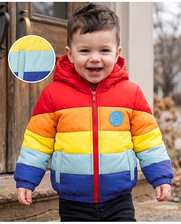 Babyhug Woven Full Sleeves Colour Block Stripes Padded Jacket with Hood - Multicolour