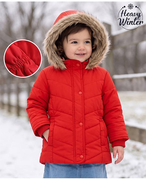 Babyhug Woven Full Sleeves Solid Colour Padded Jacket with Hood - Red