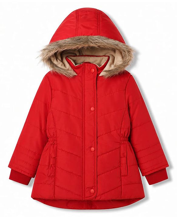 Babyhug Woven Full Sleeves Solid Colour Padded Jacket with Hood - Red