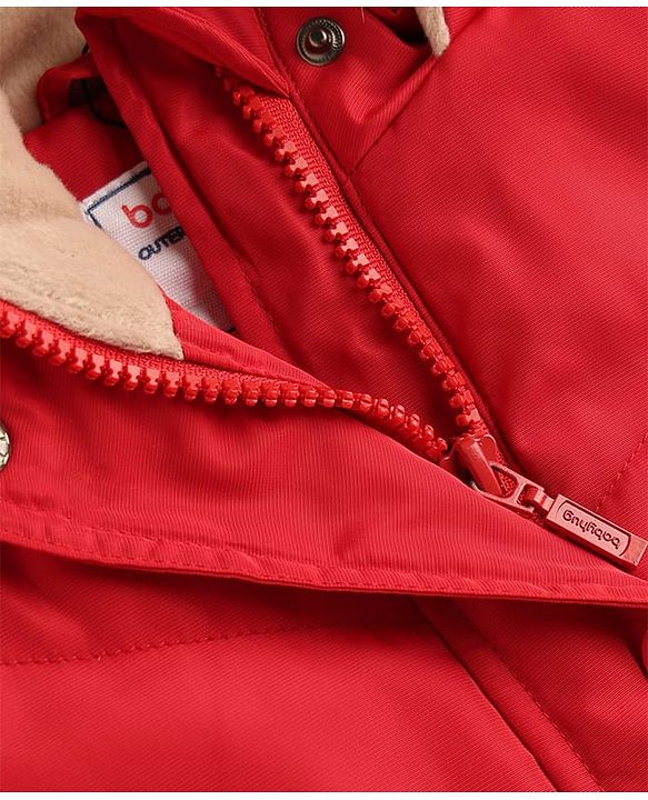 Babyhug Woven Full Sleeves Solid Colour Padded Jacket with Hood - Red