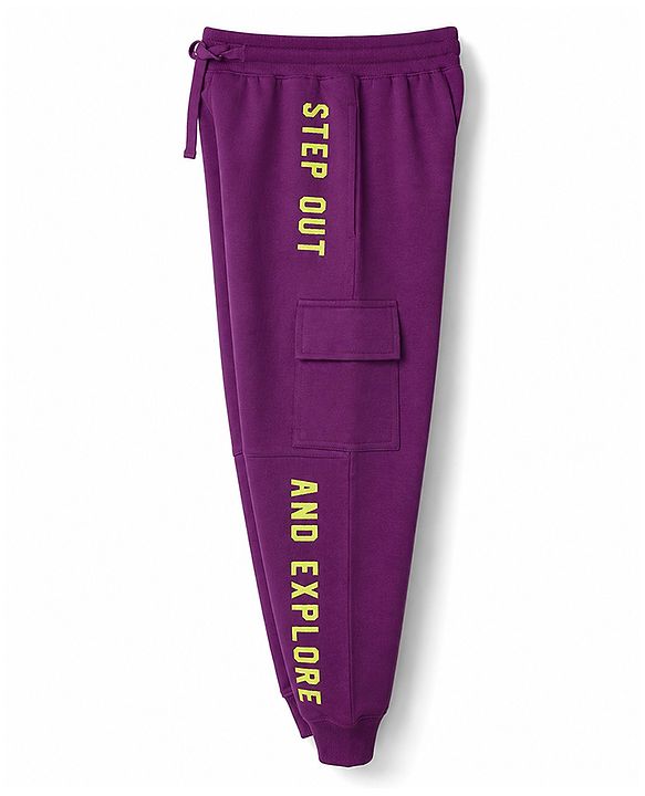 Pine Kids Knit Full Length Text Printed Lounge Pant with Pockets - Purple