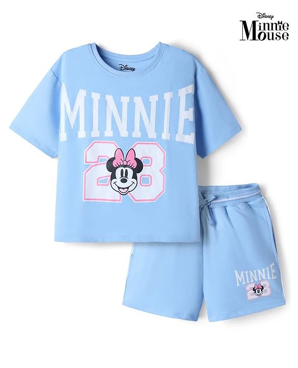 Pine Kids Disney Terry Knit Half Sleeves T-Shirt & Shorts Set With Minnie Mouse Graphic - Light Blue