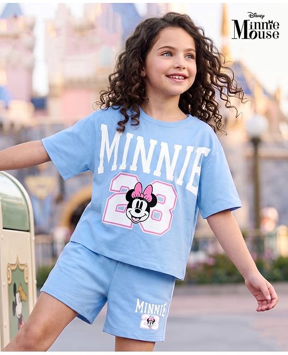 Pine Kids Disney Terry Knit Half Sleeves T-Shirt & Shorts Set With Minnie Mouse Graphic - Light Blue