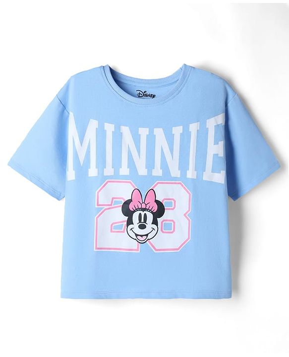 Pine Kids Disney Terry Knit Half Sleeves T-Shirt & Shorts Set With Minnie Mouse Graphic - Light Blue