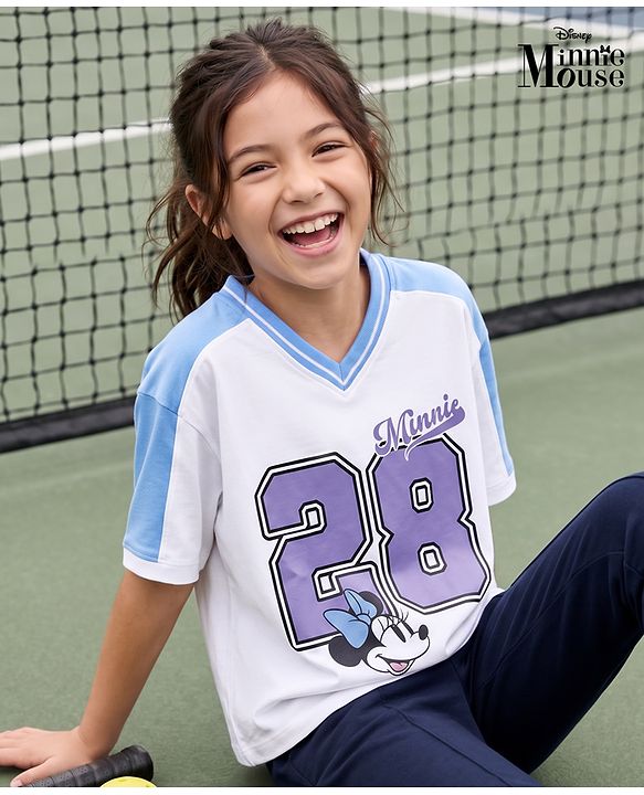 Pine Kids Disney 100% Cotton Knit Terry T-Shirt with Half Sleeves and Minnie Mouse Print in White & Blue