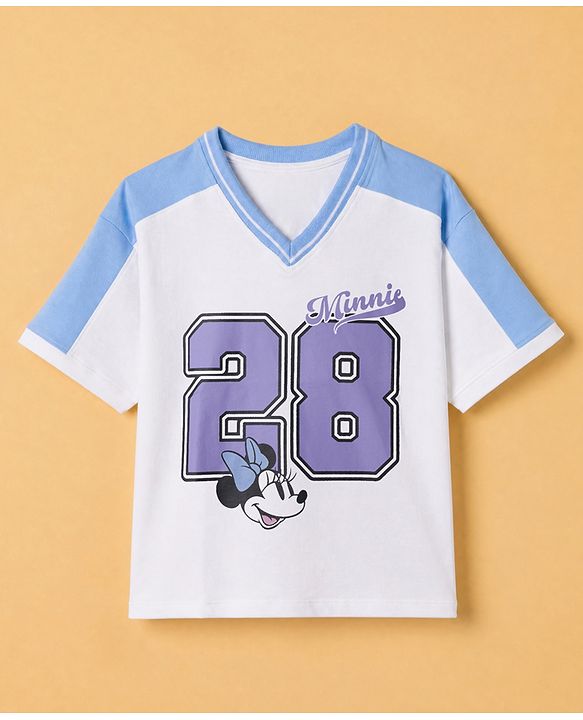 Pine Kids Disney 100% Cotton Knit Terry T-Shirt with Half Sleeves and Minnie Mouse Print in White & Blue