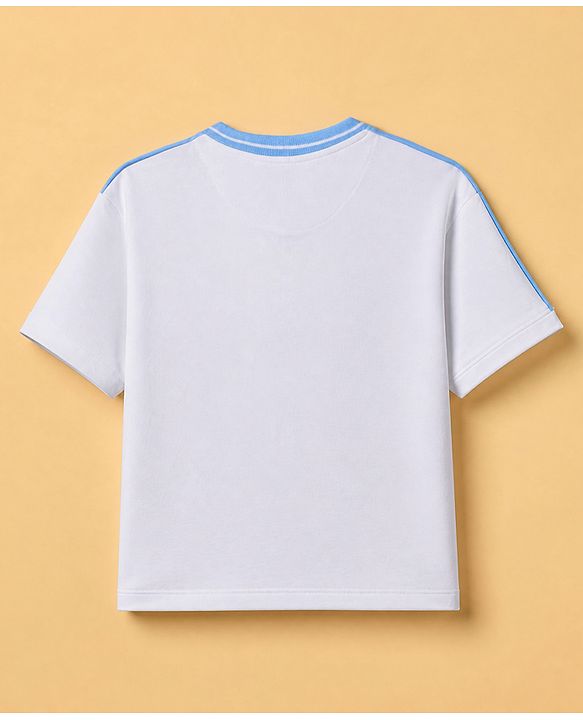 Pine Kids Disney 100% Cotton Knit Terry T-Shirt with Half Sleeves and Minnie Mouse Print in White & Blue