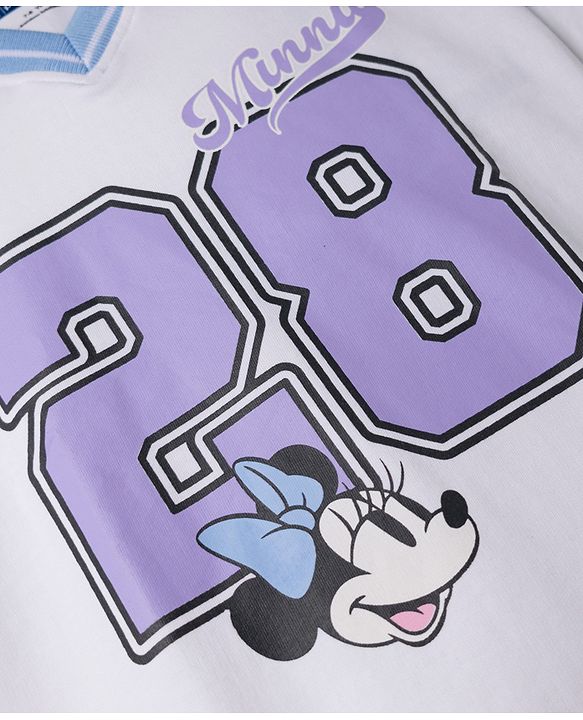 Pine Kids Disney 100% Cotton Knit Terry T-Shirt with Half Sleeves and Minnie Mouse Print in White & Blue