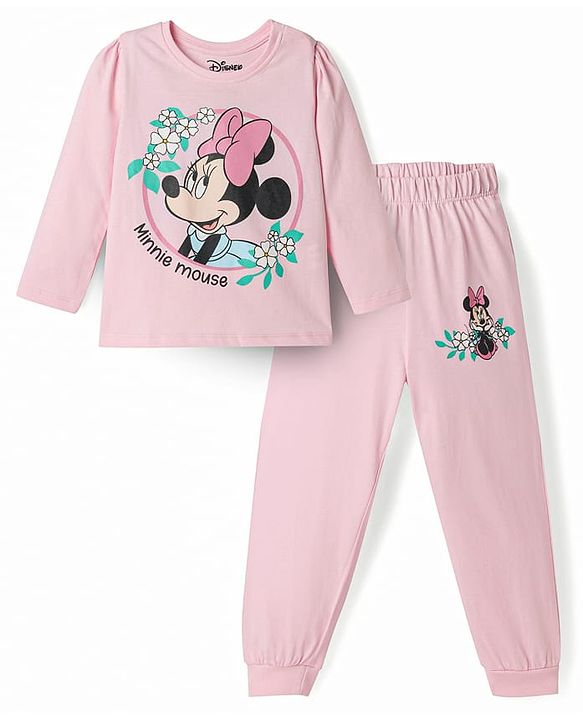 Babyhug Disney Single Jersey Knit Full Sleeves T-Shirt & Pyjama Nightsuit with Minnie Mouse Graphics - Pink