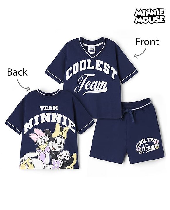Pine Kids Disney Terry Knit Half Sleeves T-Shirt & Shorts Set with Front & Back Minnie Mouse Graphic - Navy Blue