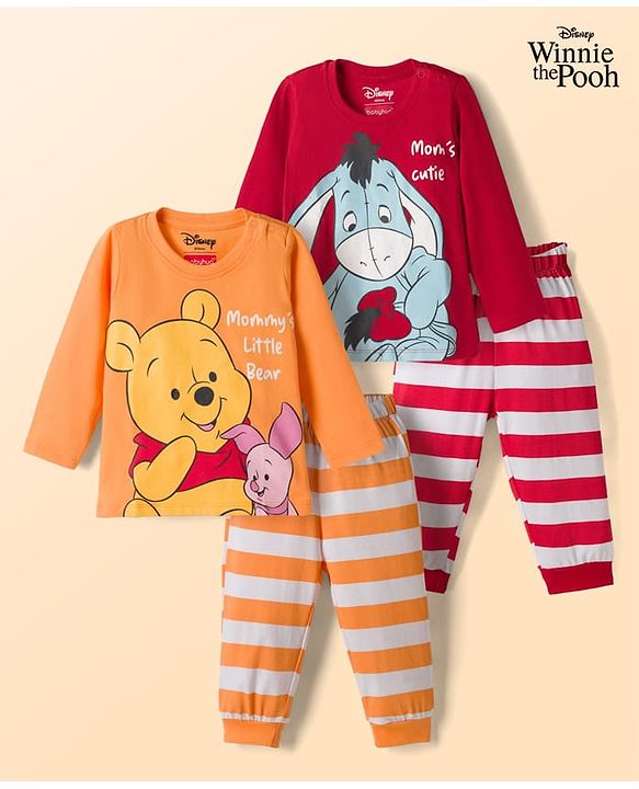 Babyhug Disney Single Jersey Knit Full Sleeves T-Shirt & Pyjama Night Suit with Winnie & Friends Graphics Pack of 2 - Multicolour