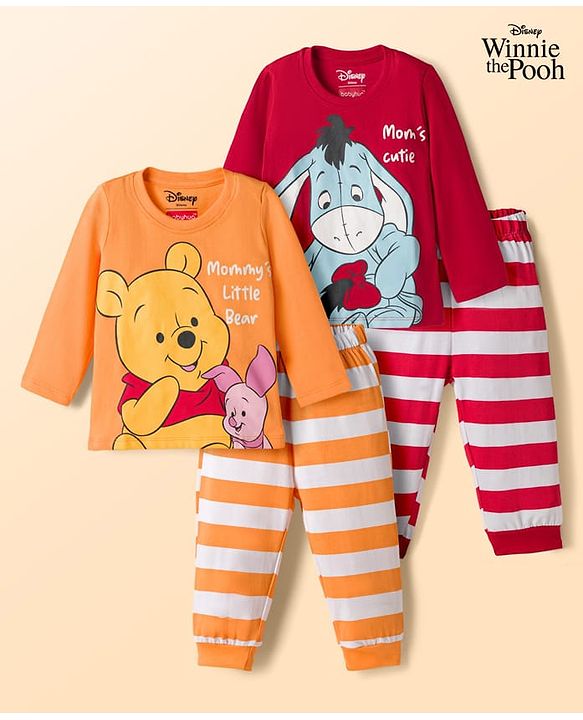 Babyhug Disney Single Jersey Knit Full Sleeves T-Shirt & Pyjama Night Suit with Winnie & Friends Graphics Pack of 2 - Multicolour