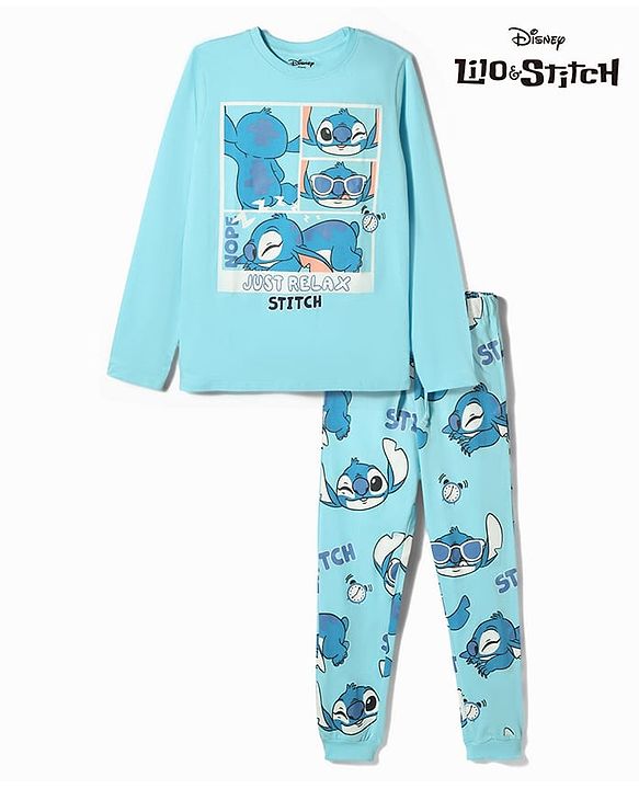 Pine Kids Disney Single Jersey Knit Full Sleeves T-Shirt & Pyjama Night Suit with Stitch Graphic - Light Blue
