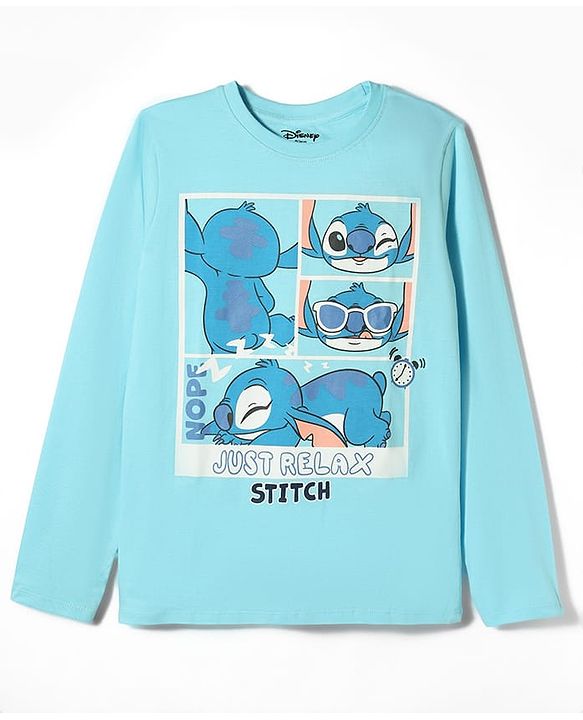 Pine Kids Disney Single Jersey Knit Full Sleeves T-Shirt & Pyjama Night Suit with Stitch Graphic - Light Blue