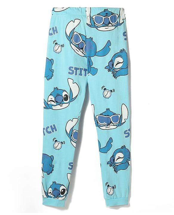 Pine Kids Disney Single Jersey Knit Full Sleeves T-Shirt & Pyjama Night Suit with Stitch Graphic - Light Blue