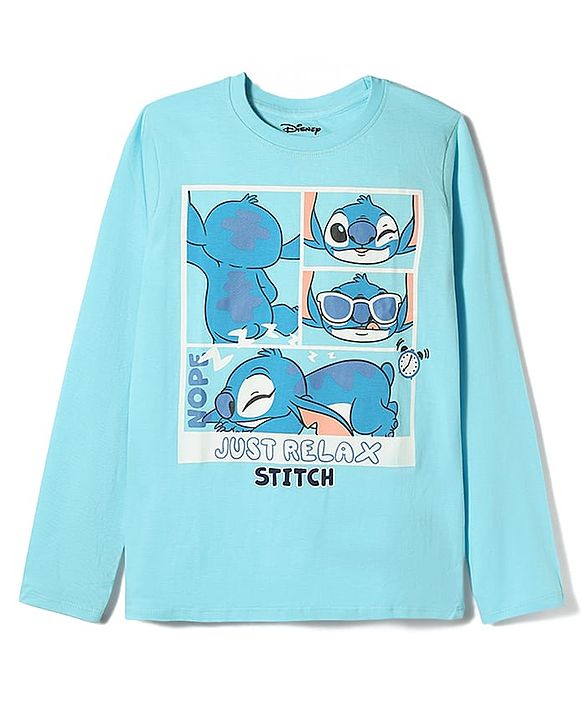 Pine Kids Disney Single Jersey Knit Full Sleeves T-Shirt & Pyjama Night Suit with Stitch Graphic - Light Blue