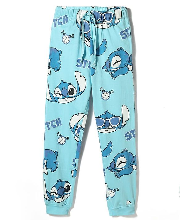 Pine Kids Disney Single Jersey Knit Full Sleeves T-Shirt & Pyjama Night Suit with Stitch Graphic - Light Blue