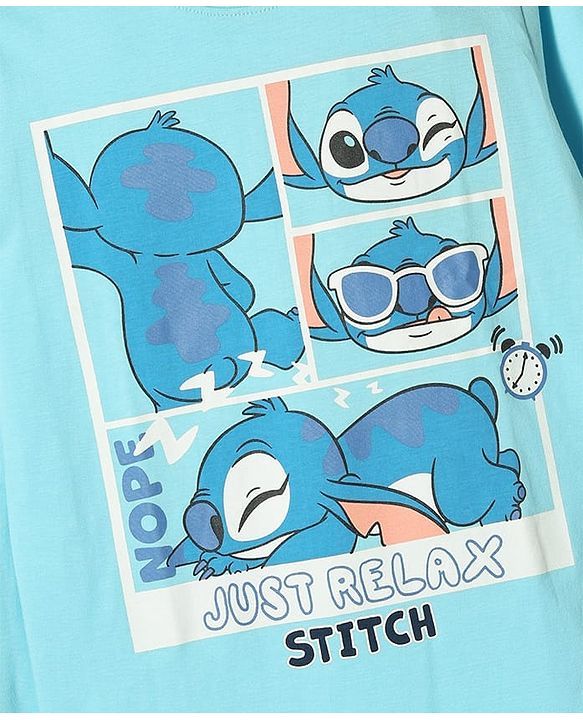Pine Kids Disney Single Jersey Knit Full Sleeves T-Shirt & Pyjama Night Suit with Stitch Graphic - Light Blue